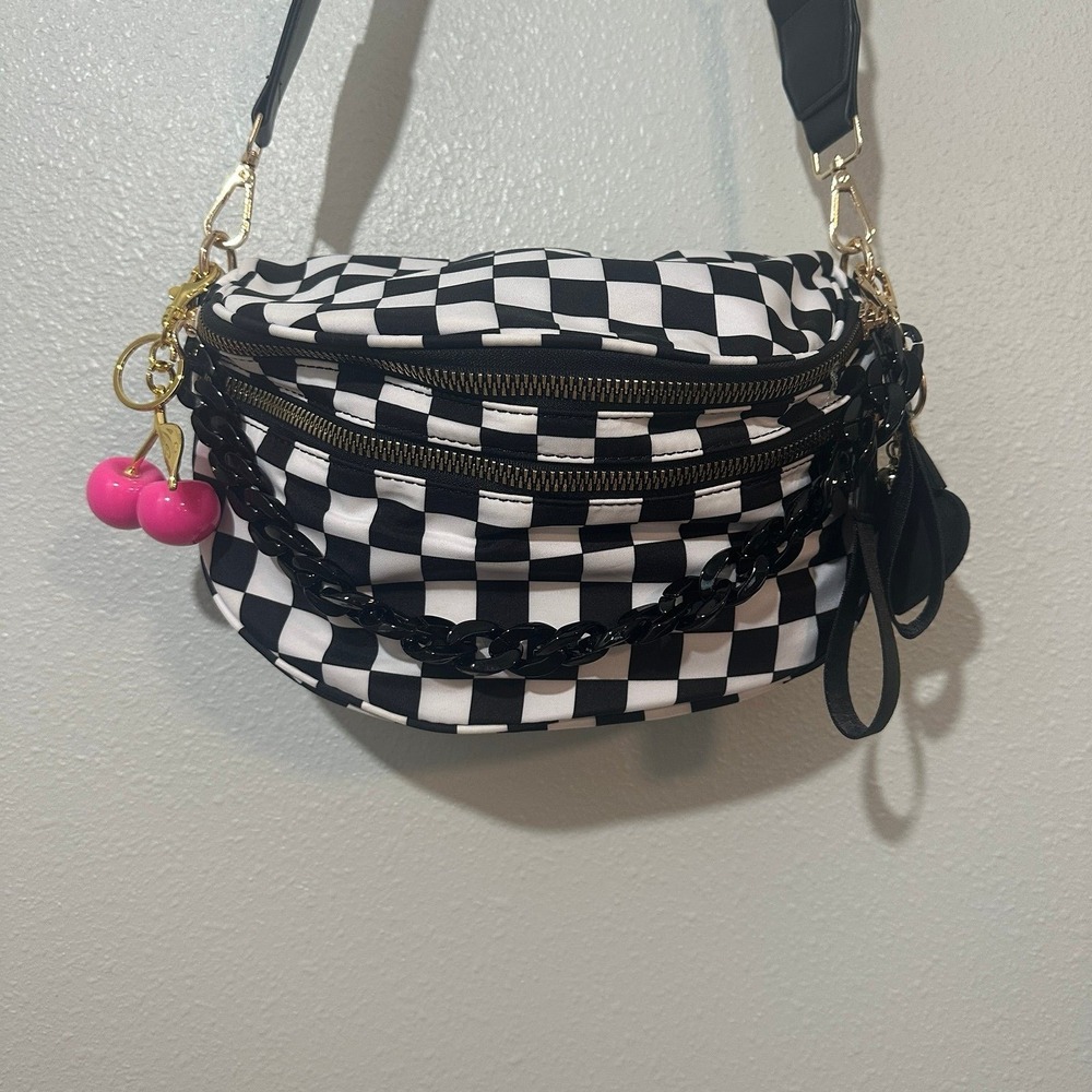 Black and White Checkerboard Bum Bag with Chain and Cherry Charms